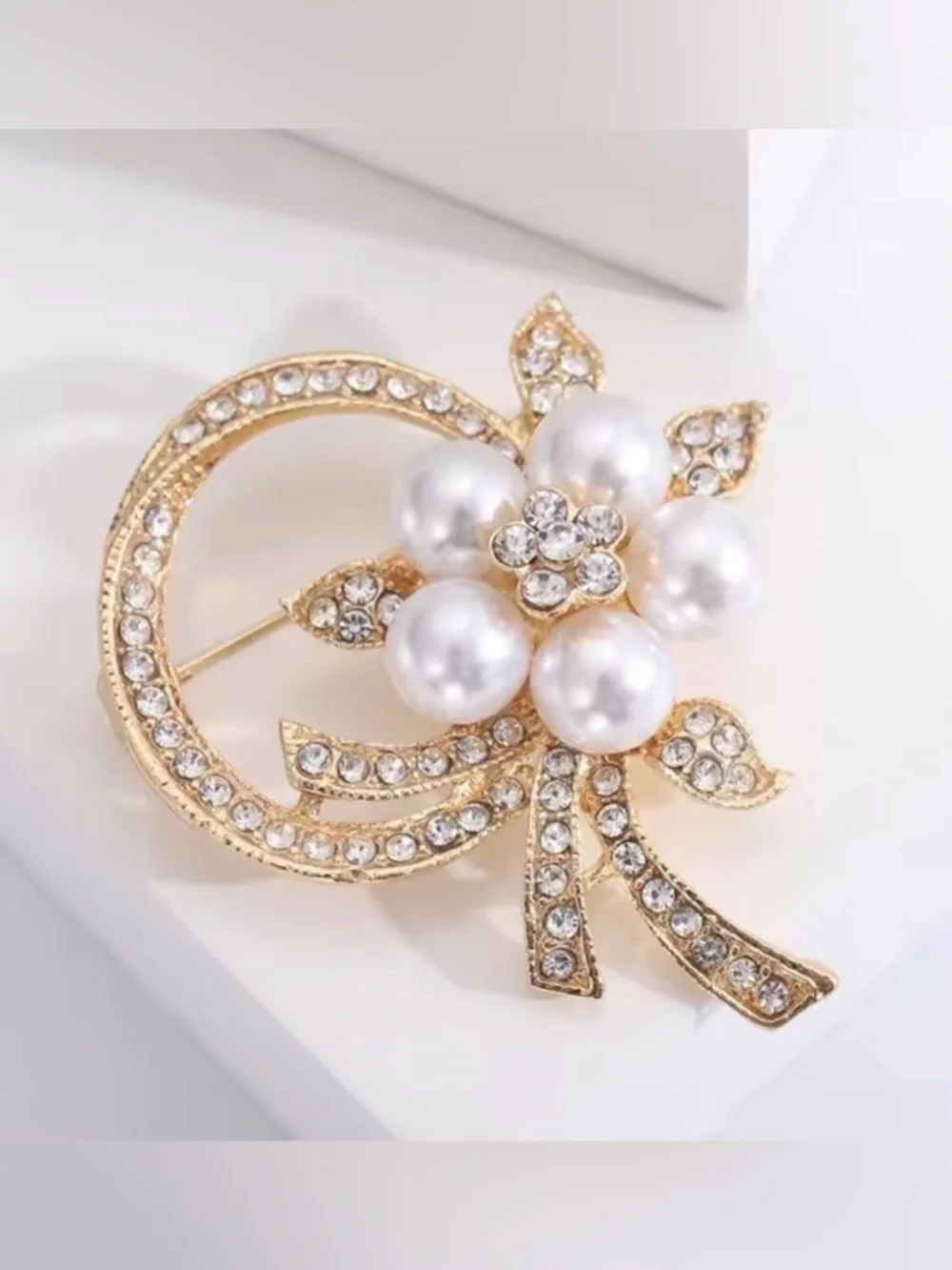 Gold Pearl & Crystal Floral Brooch - Elegant Women’s Jewelry